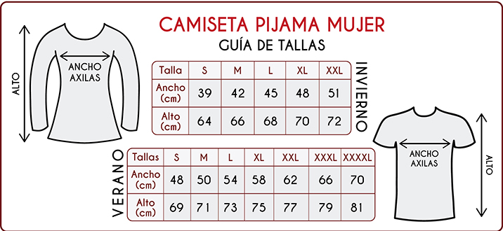 Tallas de las camisetas de pijama para mujer